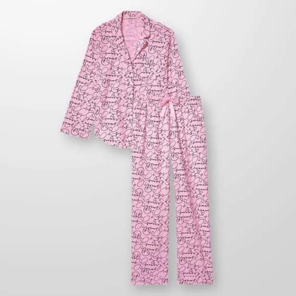 VICTORIA'S SECRET Pink Flora Sweet Dreams Script Flannel Long PJ Set - Picture 2 of 4